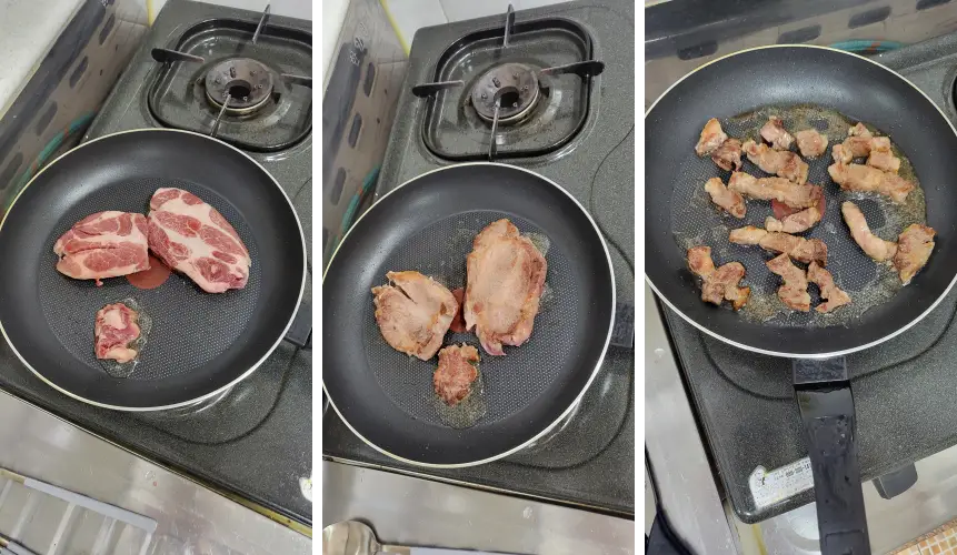 맛있게 후라이팬으로 고기 구운 사진